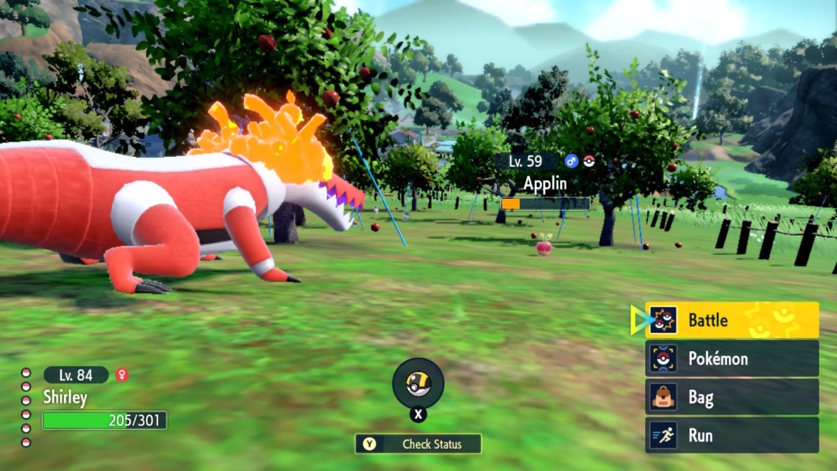 Fighting an Applin in Pokemon Scarlet and Violet.